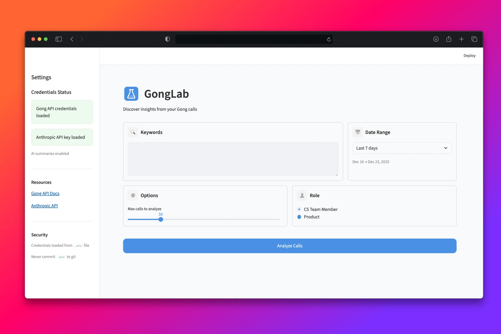 Gong Call Analyzer interface