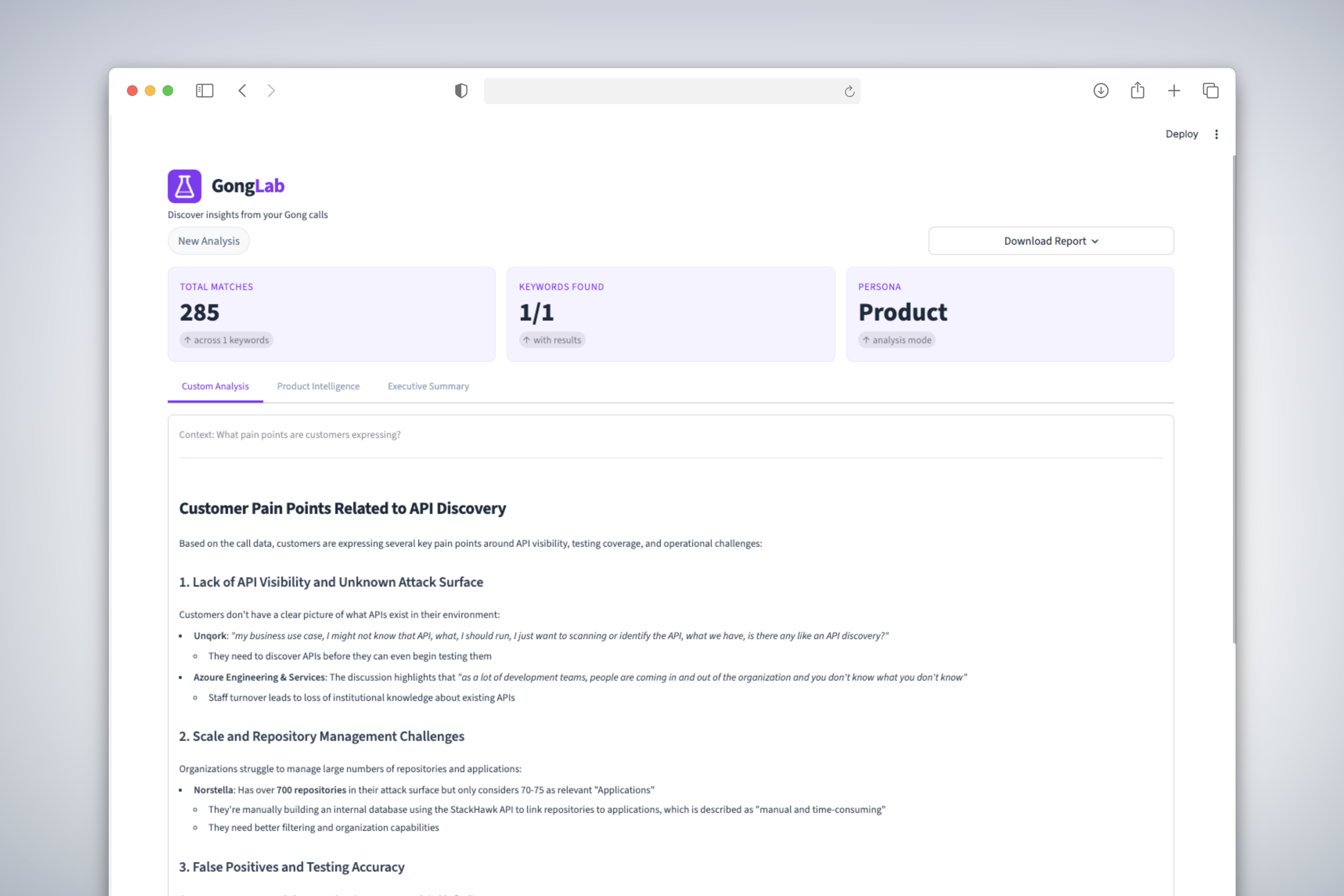 Gong Lab report showing analysis results with tabs for Custom Analysis, Product Intelligence, and Executive Summary