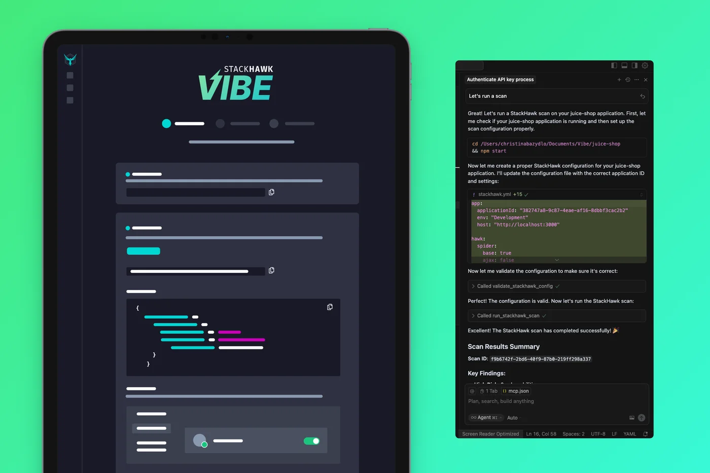 StackHawk Vibe UI alongside a security scan running in Cursor
